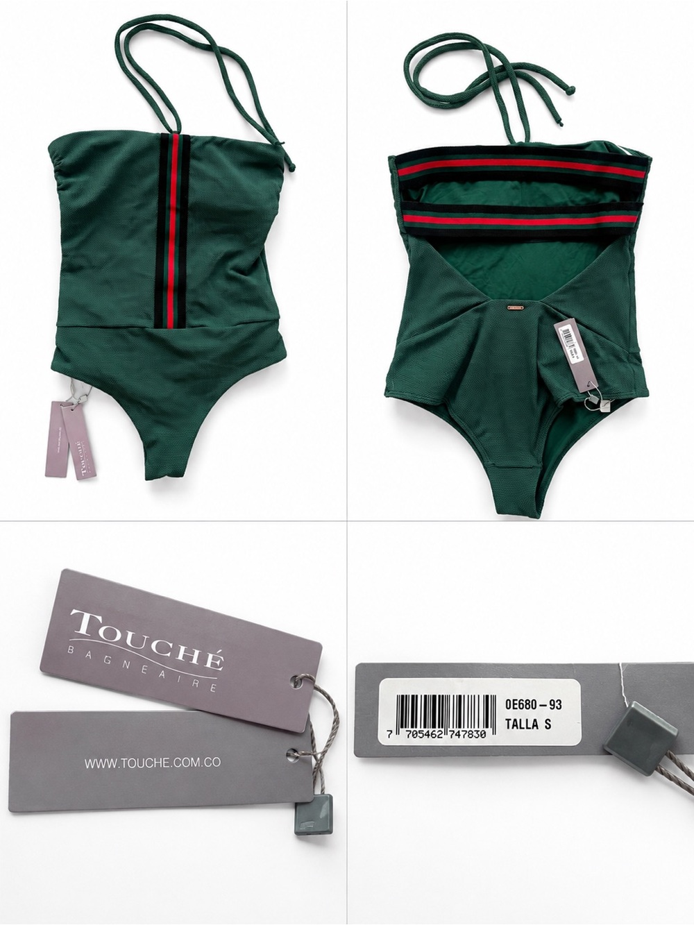 Touché Balnéaire Green Striped Halter One Piece Swimsuit NWT Size S